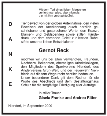 Traueranzeige von Gernot Reck von ALLGEMEINE ZEITUNG UELZEN