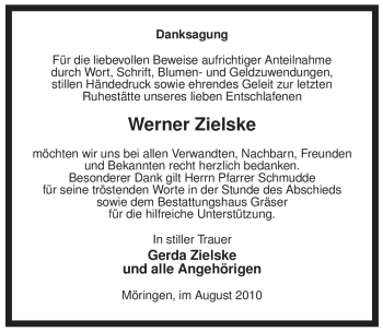 Traueranzeige von Werner Zielske von ALLGEMEINE ZEITUNG UELZEN