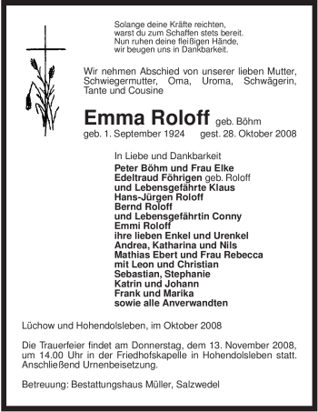 Traueranzeige von Emma Roloff von ALLGEMEINE ZEITUNG UELZEN