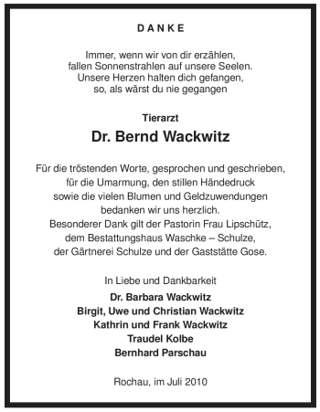 Traueranzeige von Bernd Wackwitz von ALLGEMEINE ZEITUNG UELZEN