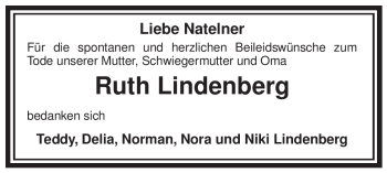 Traueranzeige von Ruth Lindenberg von ALLGEMEINE ZEITUNG UELZEN