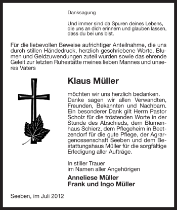 Traueranzeige von Klaus Müller von ALLGEMEINE ZEITUNG UELZEN