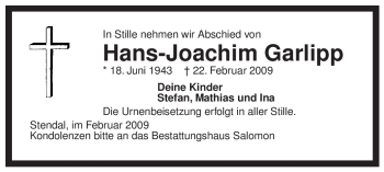 Traueranzeige von Hans-Joachim Garlipp von ALLGEMEINE ZEITUNG UELZEN