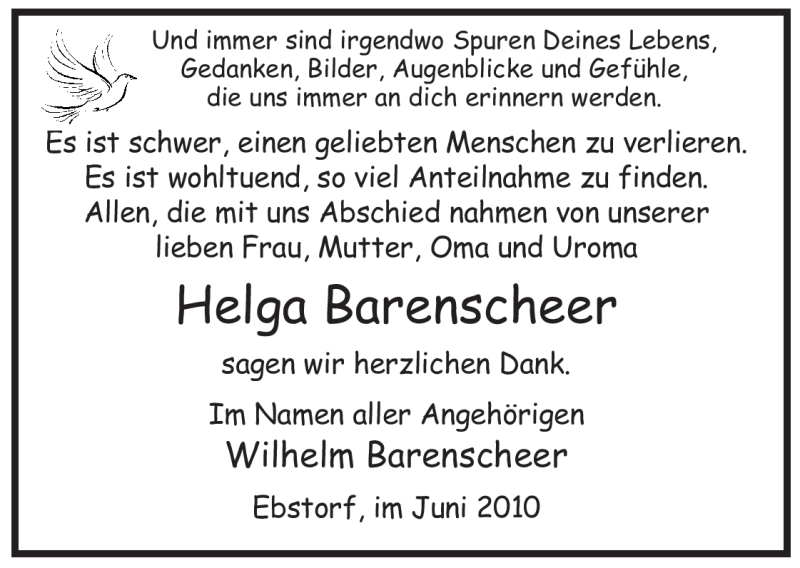  Traueranzeige für Helga Barenscheer vom 19.06.2010 aus ALLGEMEINE ZEITUNG UELZEN