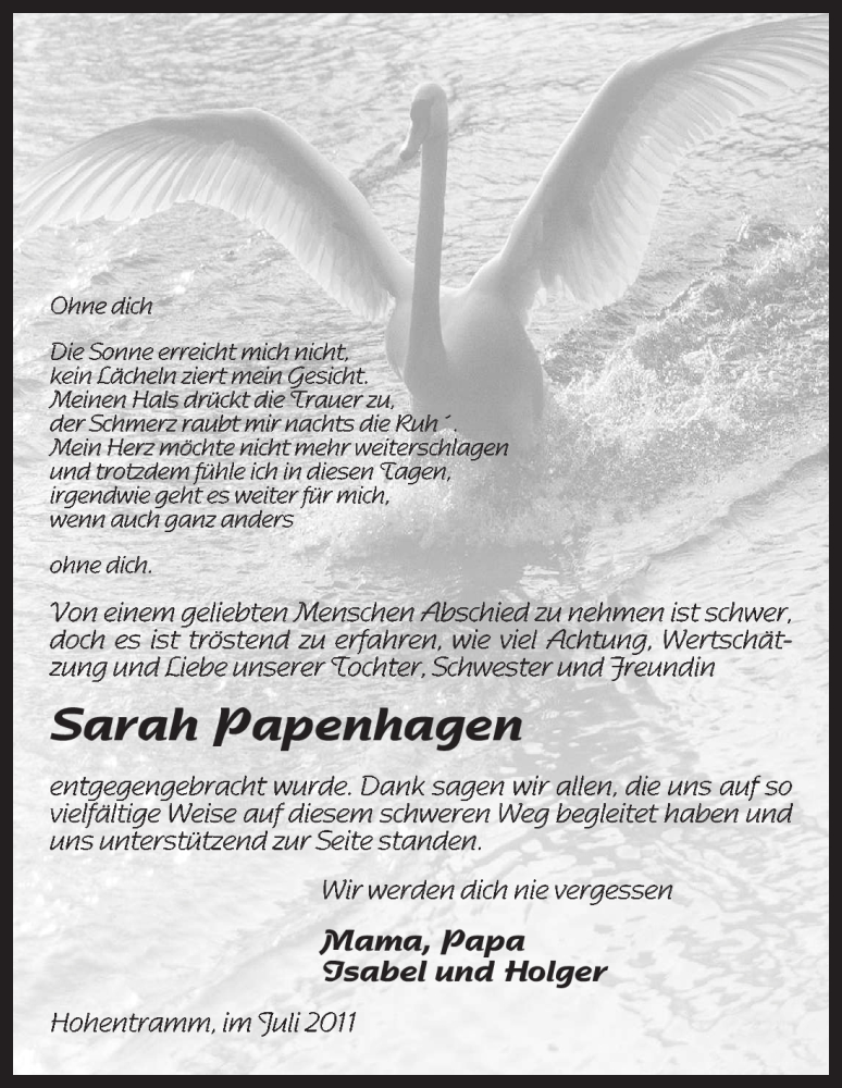  Traueranzeige für Sarah Papenhagen vom 30.07.2011 aus ALLGEMEINE ZEITUNG UELZEN