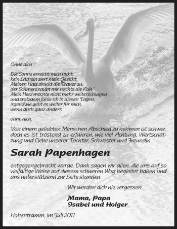 Traueranzeige von Sarah Papenhagen von ALLGEMEINE ZEITUNG UELZEN