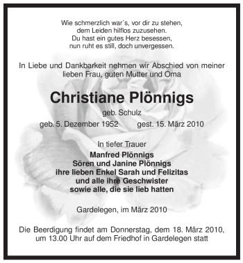 Traueranzeige von Christiane Plönnigs von ALLGEMEINE ZEITUNG UELZEN