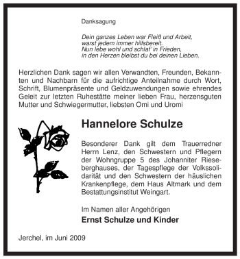 Traueranzeige von Hannelore Schulze von ALLGEMEINE ZEITUNG UELZEN
