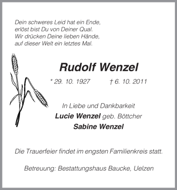 Traueranzeige von Rudolf Wenzel von ALLGEMEINE ZEITUNG UELZEN