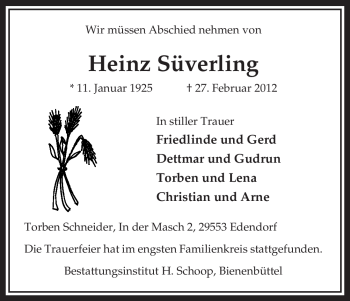 Traueranzeige von Heinz Süverling von ALLGEMEINE ZEITUNG UELZEN