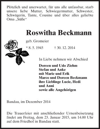 Traueranzeige von Roswitha Beckmann von Uelzen