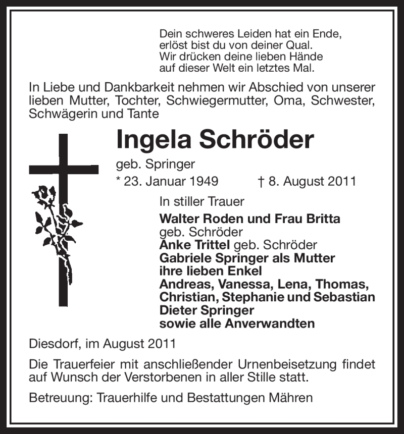  Traueranzeige für Ingela Schröder vom 10.08.2011 aus ALLGEMEINE ZEITUNG UELZEN