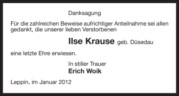 Traueranzeige von Ilse Krause von ALLGEMEINE ZEITUNG UELZEN