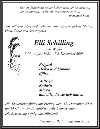 Traueranzeige von Elli Schilling von ALLGEMEINE ZEITUNG UELZEN