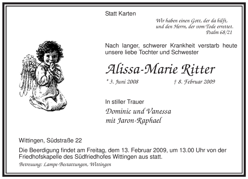  Traueranzeige für Alissa-Marie Ritter vom 10.02.2009 aus ALLGEMEINE ZEITUNG UELZEN