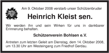 Traueranzeige von Heinrich Kleist von ALLGEMEINE ZEITUNG UELZEN