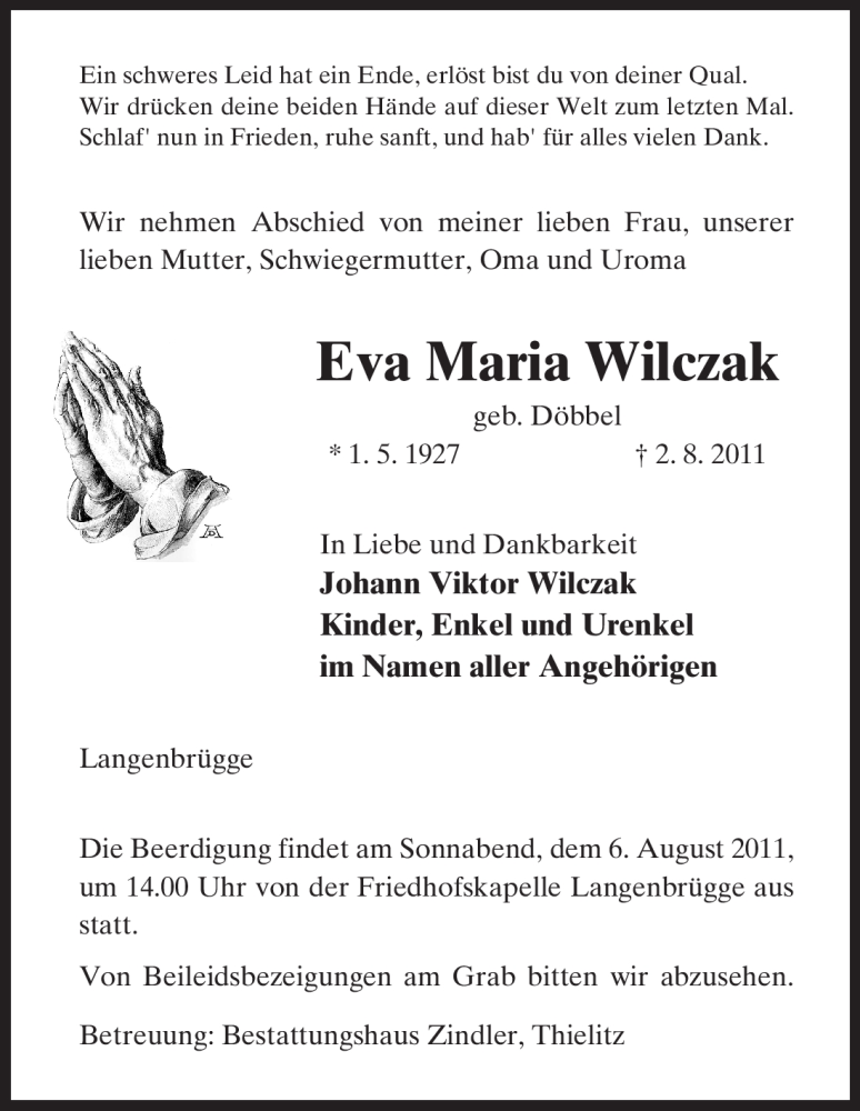  Traueranzeige für Eva Maria Wilczak vom 04.08.2011 aus ALLGEMEINE ZEITUNG UELZEN