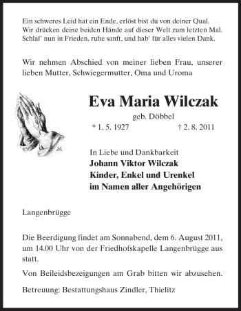 Traueranzeige von Eva Maria Wilczak von ALLGEMEINE ZEITUNG UELZEN