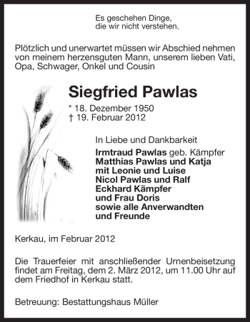 Traueranzeige von Siegfried Pawlas von ALLGEMEINE ZEITUNG UELZEN