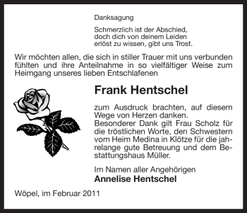 Traueranzeige von Frank Hentschel von ALLGEMEINE ZEITUNG UELZEN