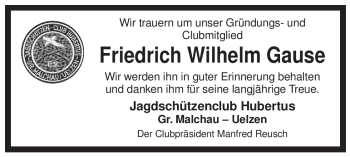 Traueranzeige von Friedrich Wilhelm Gause von ALLGEMEINE ZEITUNG UELZEN