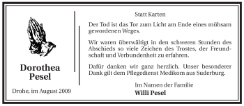 Traueranzeige von Dorothea Pesel von ALLGEMEINE ZEITUNG UELZEN
