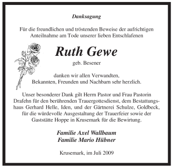 Traueranzeige von Ruth Gewe von ALLGEMEINE ZEITUNG UELZEN