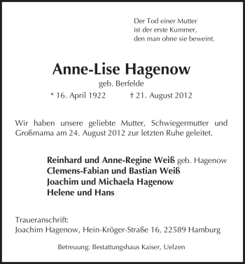 Traueranzeige von Anne-Lise Hagenow von ALLGEMEINE ZEITUNG UELZEN