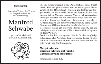 Traueranzeige von Manfred Schwabe von ALLGEMEINE ZEITUNG UELZEN