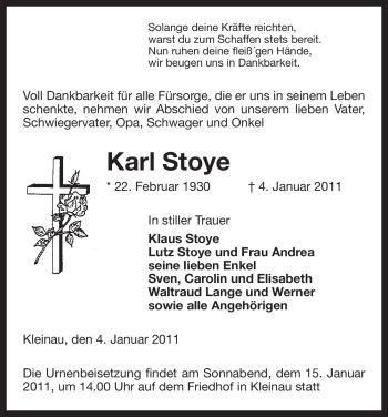 Traueranzeige von Karl Stoye von ALLGEMEINE ZEITUNG UELZEN