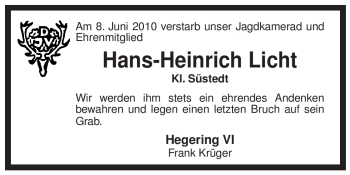 Traueranzeige von Hans-Heinrich Licht von ALLGEMEINE ZEITUNG UELZEN