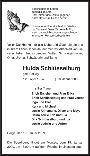 Traueranzeige von Hulda Schlüsselburg von ALLGEMEINE ZEITUNG UELZEN