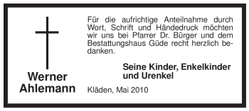 Traueranzeige von Werner Ahlemann von ALLGEMEINE ZEITUNG UELZEN