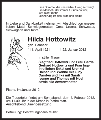 Traueranzeige von Hilda Hottowitz von ALLGEMEINE ZEITUNG UELZEN