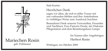 Traueranzeige von Mariechen Rosin von ALLGEMEINE ZEITUNG UELZEN