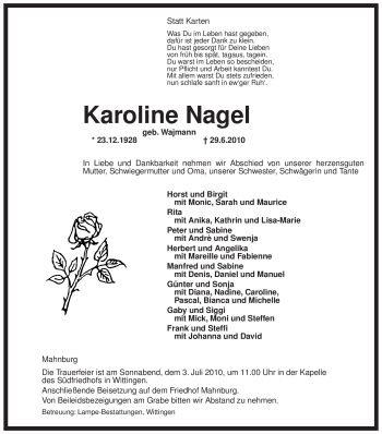 Traueranzeige von Karoline Nagel von ALLGEMEINE ZEITUNG UELZEN