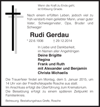 Traueranzeige von Rudi Gerdau von Uelzen