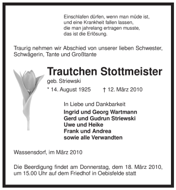 Traueranzeige von Trautchen Stottmeister von ALLGEMEINE ZEITUNG UELZEN