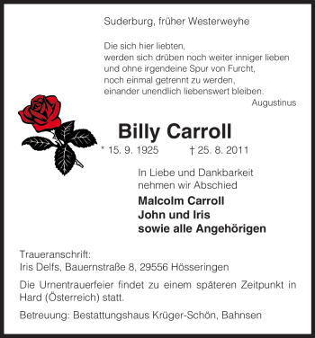 Traueranzeige von Billy Carroll von ALLGEMEINE ZEITUNG UELZEN