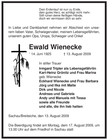 Traueranzeige von Ewald Wienecke von ALLGEMEINE ZEITUNG UELZEN