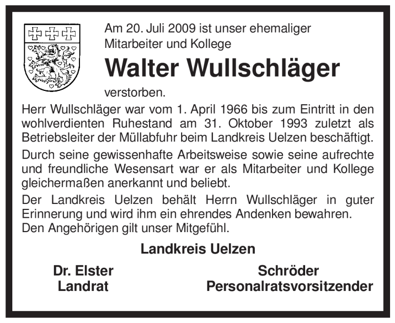  Traueranzeige für Walter Wullschläger vom 22.07.2009 aus ALLGEMEINE ZEITUNG UELZEN