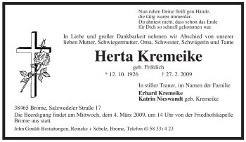 Traueranzeige von Herta Kremeike von ALLGEMEINE ZEITUNG UELZEN