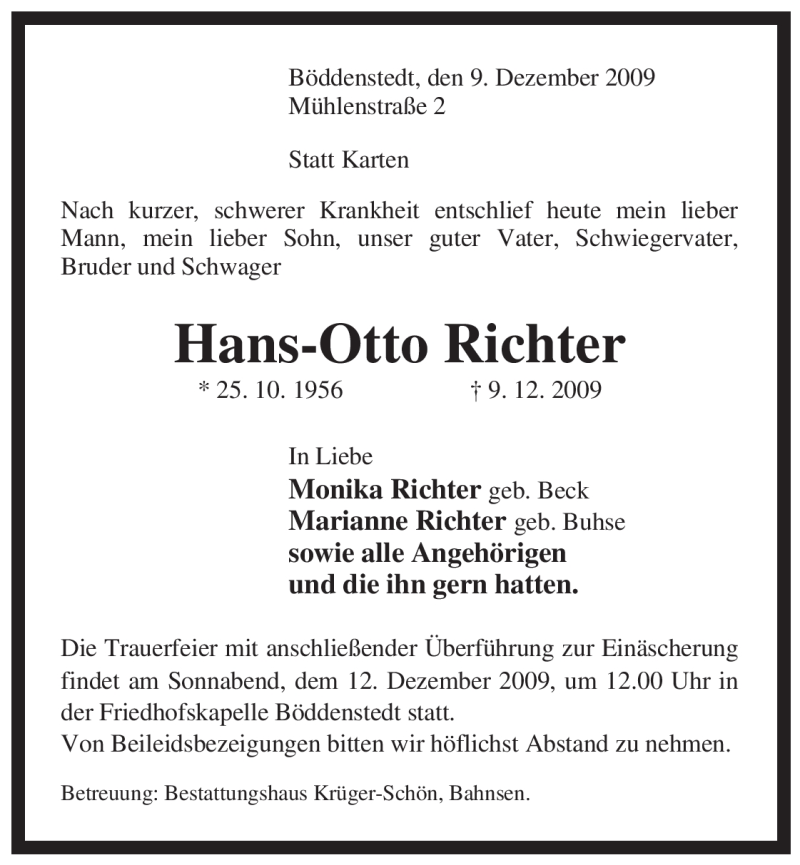  Traueranzeige für Hans-Otto Richter vom 10.12.2009 aus ALLGEMEINE ZEITUNG UELZEN