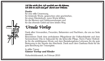 Traueranzeige von Ursula Vorlop von ALLGEMEINE ZEITUNG UELZEN