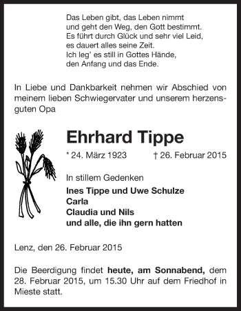 Traueranzeige von Ehrhard Tippe von Uelzen