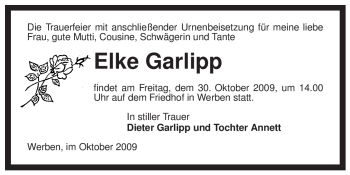 Traueranzeige von Elke Garlipp von ALLGEMEINE ZEITUNG UELZEN