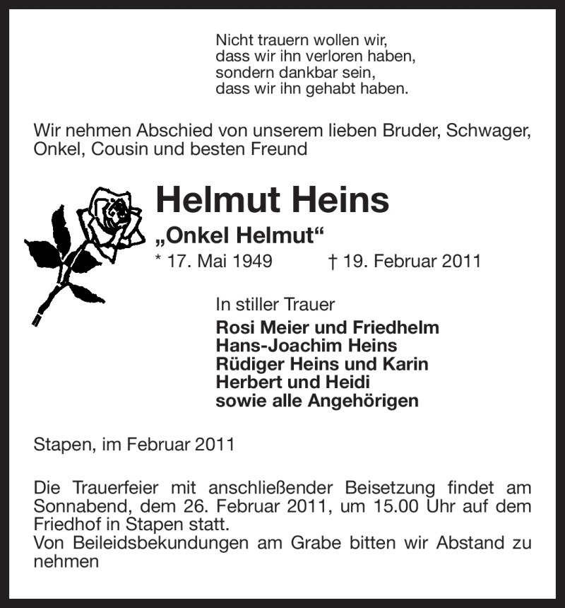  Traueranzeige für Helmut Heins vom 22.02.2011 aus ALLGEMEINE ZEITUNG UELZEN