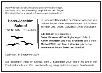 Traueranzeige von Hans-Joachim Schoof von ALLGEMEINE ZEITUNG UELZEN