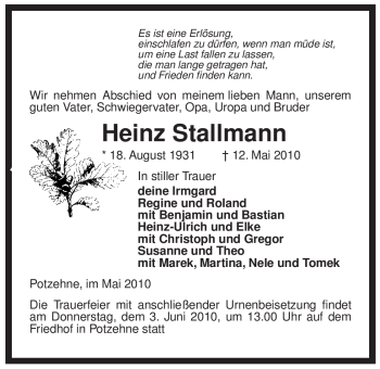 Traueranzeige von Heinz Stallmann von ALLGEMEINE ZEITUNG UELZEN