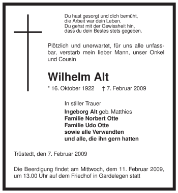 Traueranzeige von Wilhelm Alt von ALLGEMEINE ZEITUNG UELZEN